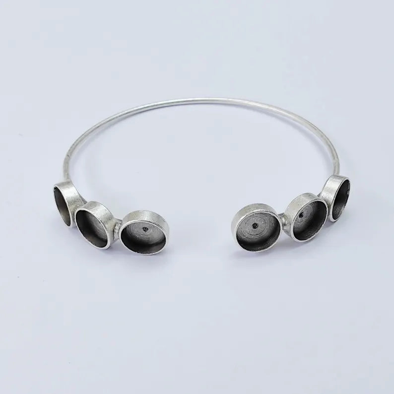 Multi Bezel Cuff Bracelet Blank, Adjustable Brass Bracelet Base, 8mm Round Settings, Antique Silver, G38024