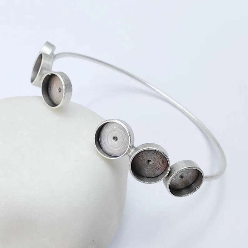 Multi Bezel Cuff Bracelet Blank, Adjustable Brass Bracelet Base, 8mm Round Settings, Antique Silver, G38024
