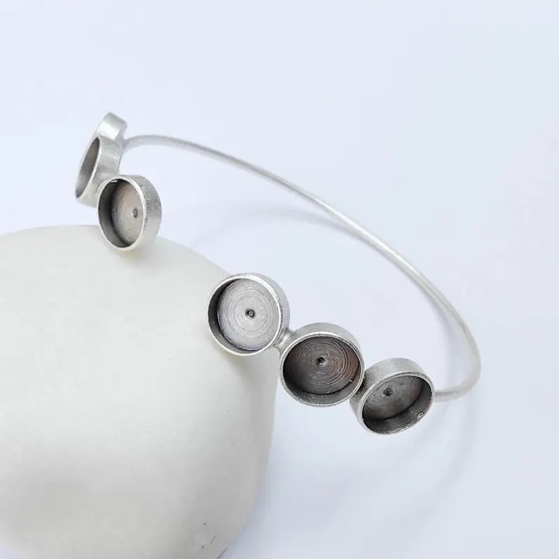 Multi Bezel Cuff Bracelet Blank, Adjustable Brass Bracelet Base, 8mm Round Settings, Antique Silver, G38024