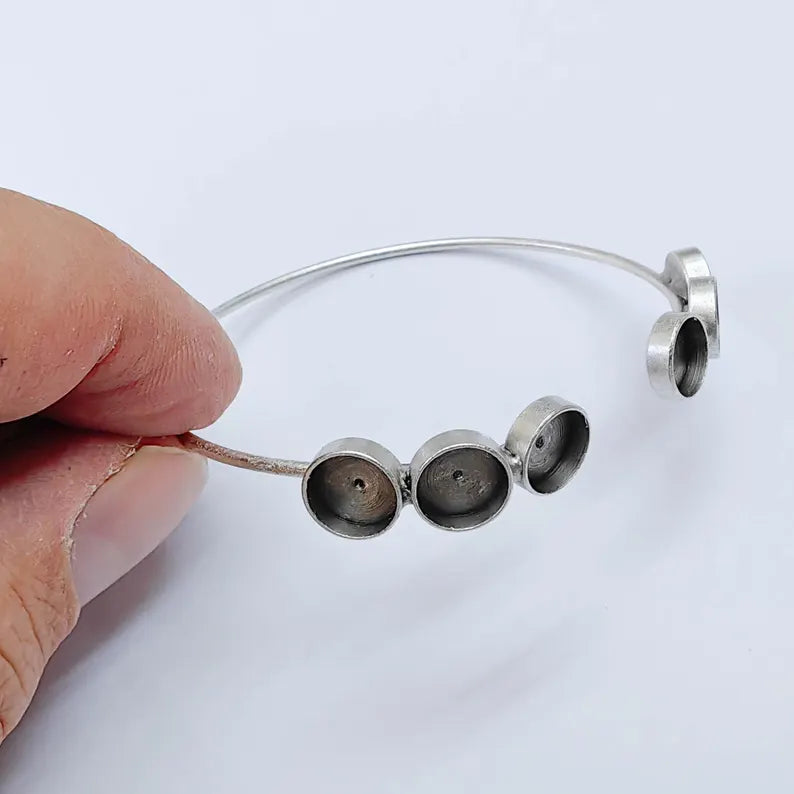 Multi Bezel Cuff Bracelet Blank, Adjustable Brass Bracelet Base, 8mm Round Settings, Antique Silver, G38024