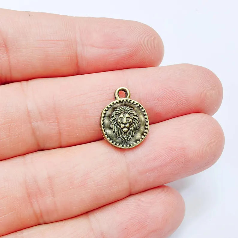 2 Lion Head Round Charm Pendant, Double Sided Animal Design, Antique Bronze Plated, 16x13mm, G38026