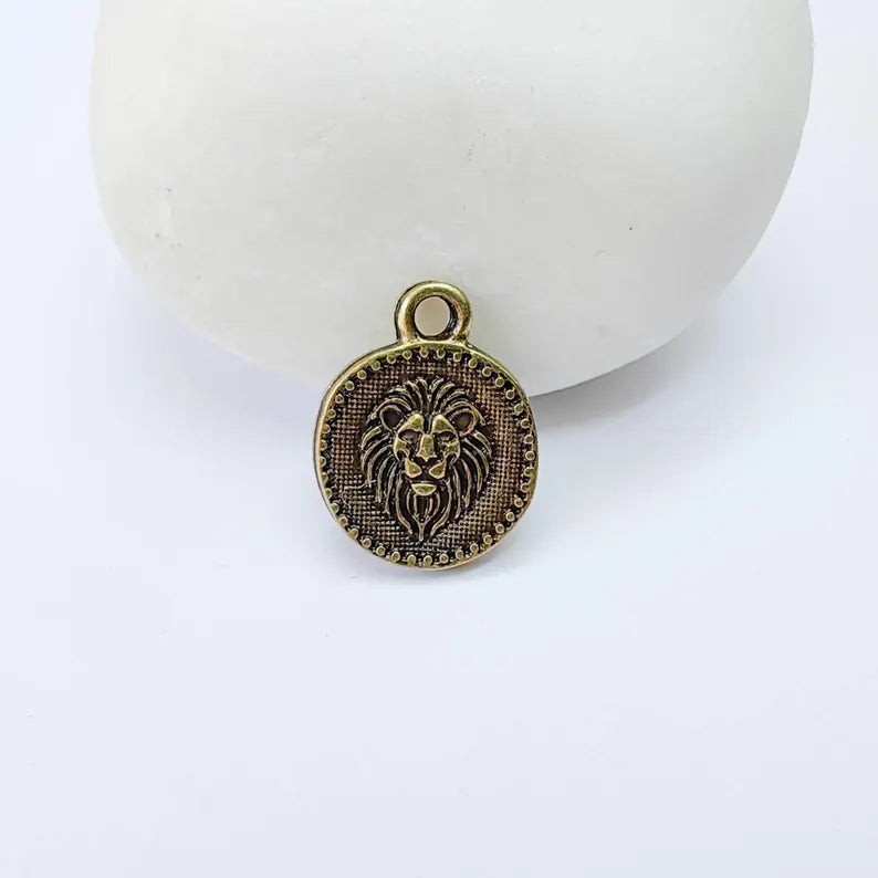 2 Lion Head Round Charm Pendant, Double Sided Animal Design, Antique Bronze Plated, 16x13mm, G38026