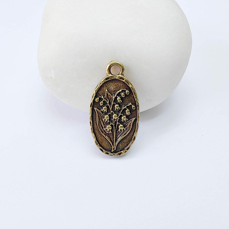 Lily of the Valley Oval Charm Pendant, Double Sided Botanical, Antique Bronze Plated, 25x13mm, G38027