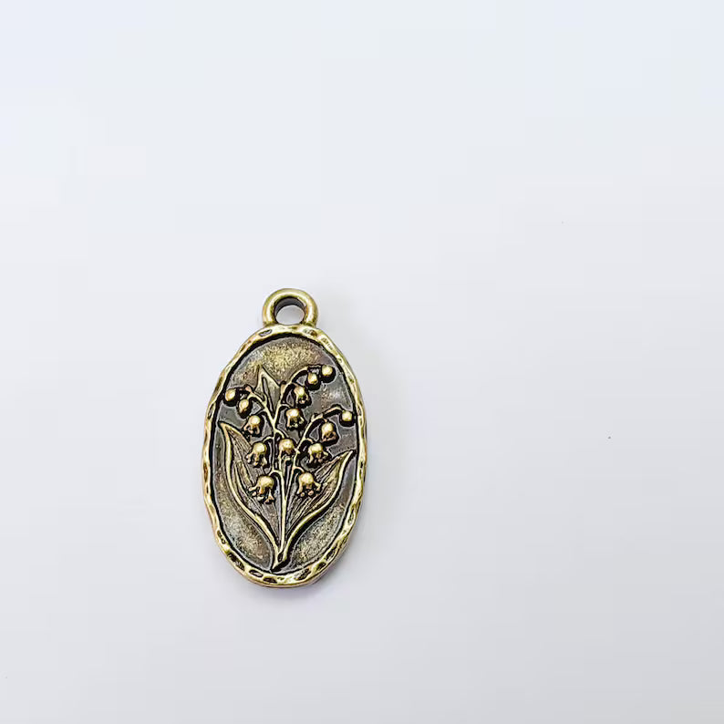 Lily of the Valley Oval Charm Pendant, Double Sided Botanical, Antique Bronze Plated, 25x13mm, G38027