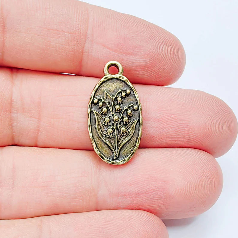 Lily of the Valley Oval Charm Pendant, Double Sided Botanical, Antique Bronze Plated, 25x13mm, G38027