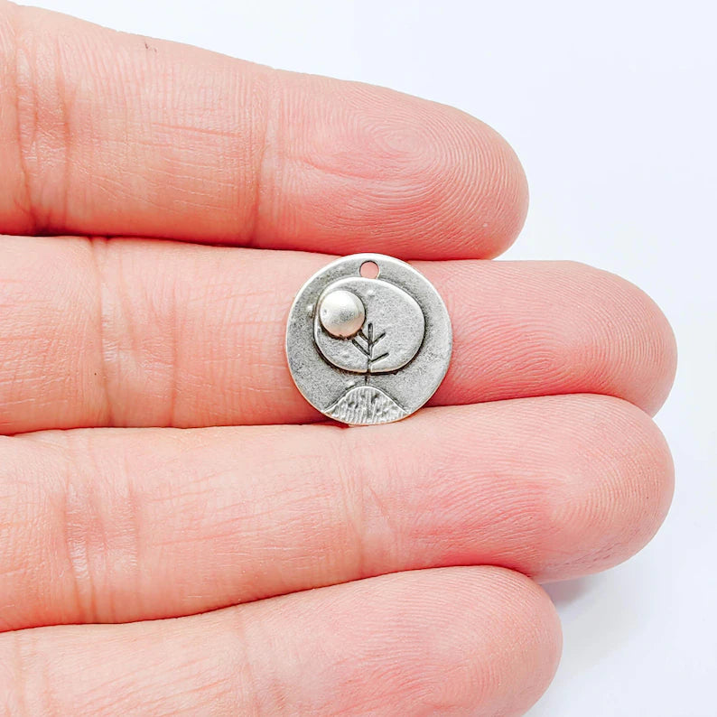 2 Sun and Mountain Charm Pendant, Minimal Nature Landscape Design, Antique Silver Plated, 15mm, G38030
