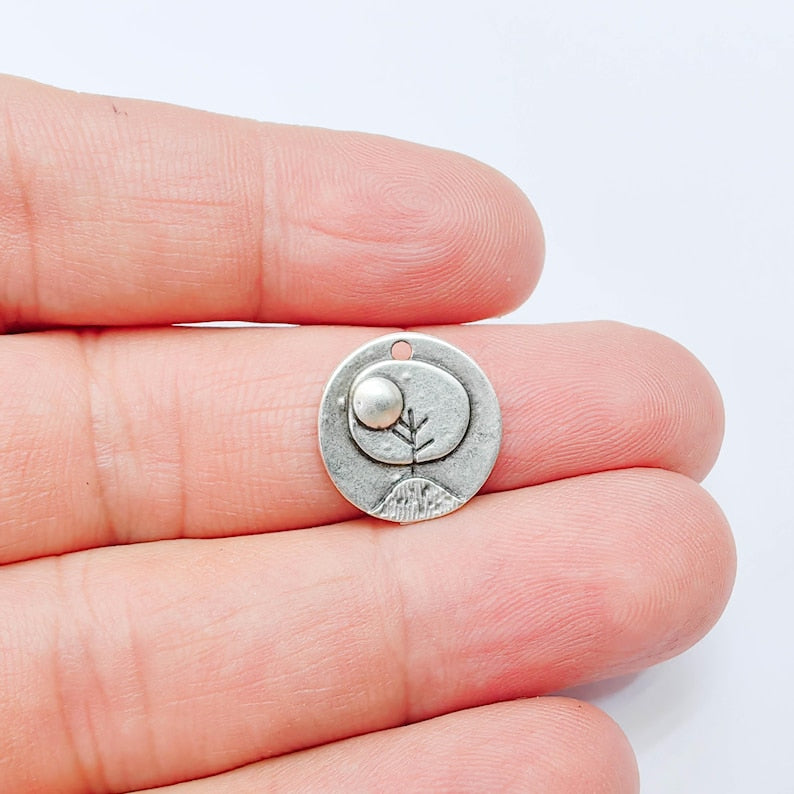 2 Sun and Mountain Charm Pendant, Minimal Nature Landscape Design, Antique Silver Plated, 15mm, G38030