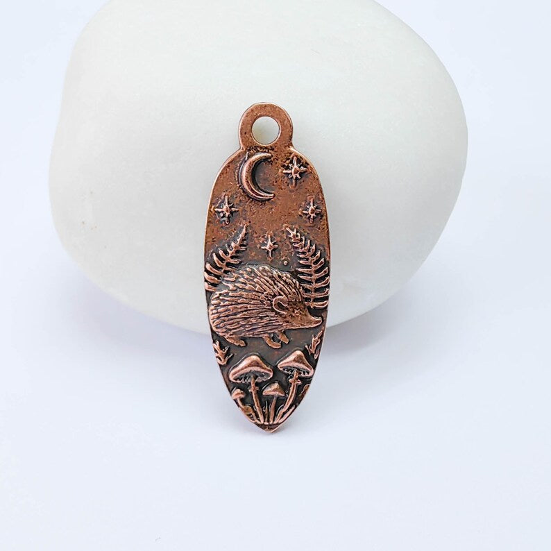 Hedgehog Charm Pendant, Double Sided Woodland Nature Design, 30x12mm, Antique Copper Plated G38031