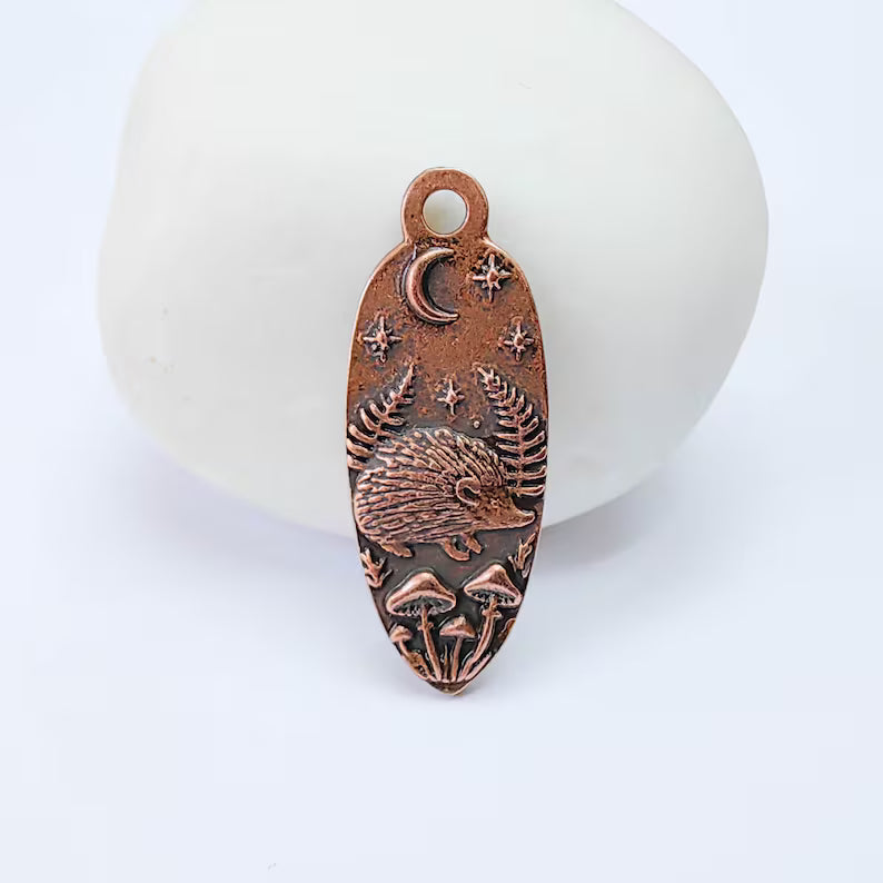 Hedgehog Charm Pendant, Double Sided Woodland Nature Design, 30x12mm, Antique Copper Plated G38031