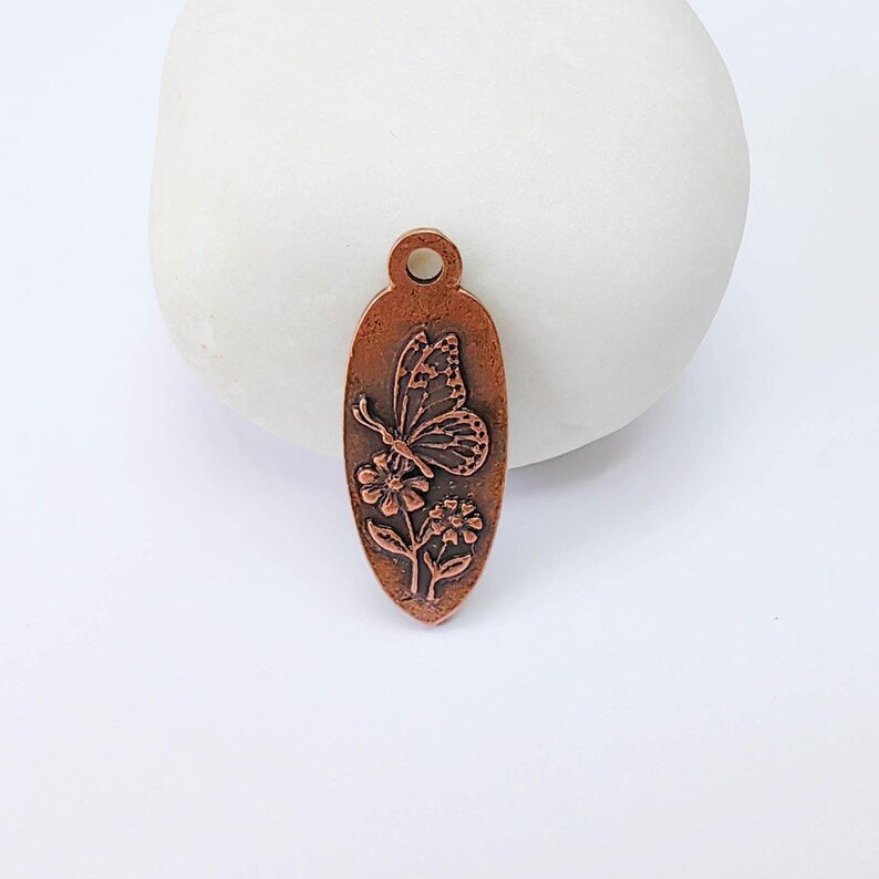 Butterfly Flower Charm Pendant, Double Sided Nature Design, Antique Copper Plated, 30x12mm, G38032