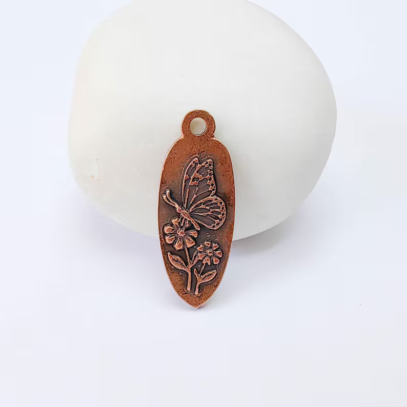 Butterfly Flower Charm Pendant, Double Sided Nature Design, Antique Copper Plated, 30x12mm, G38032