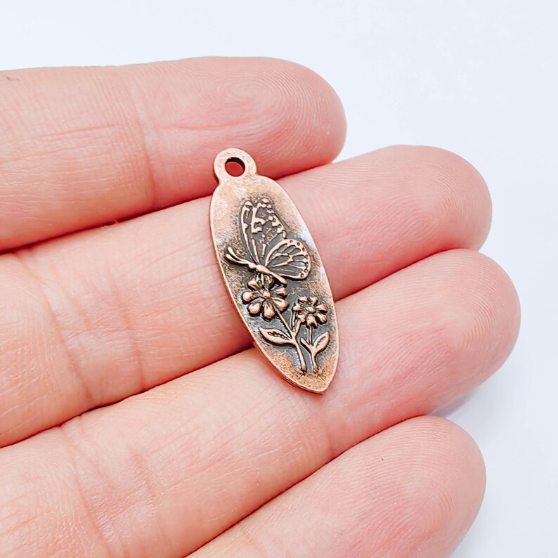 Butterfly Flower Charm Pendant, Double Sided Nature Design, Antique Copper Plated, 30x12mm, G38032