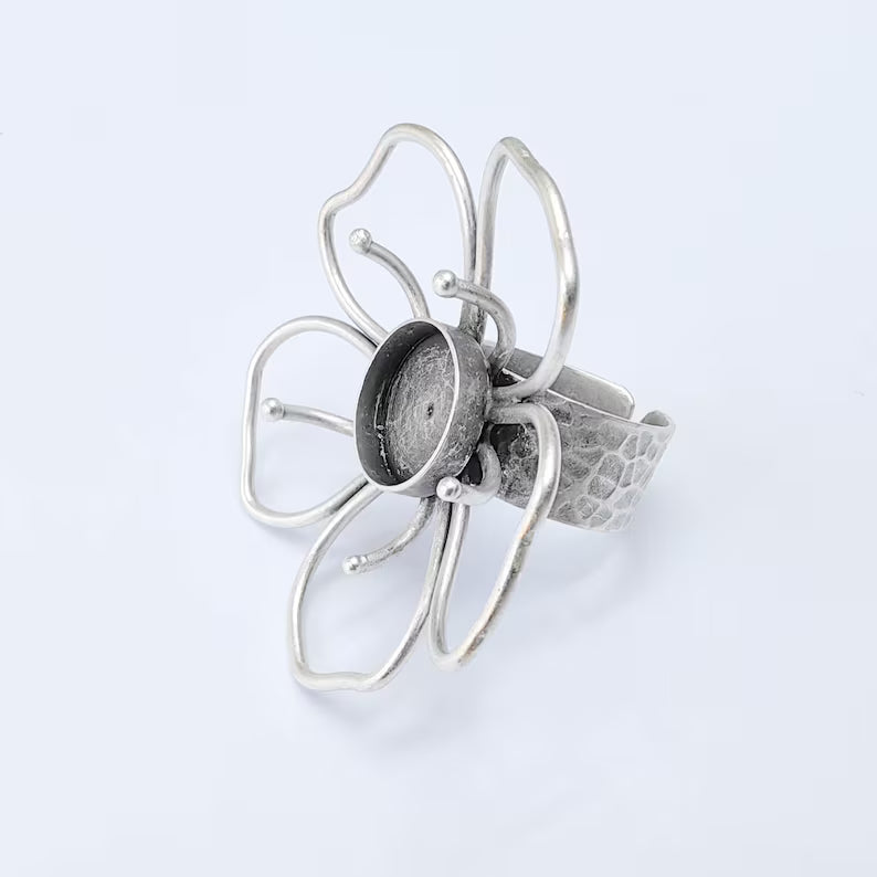 Antique Silver Adjustable Large Flower Ring Base, 14mm Round Bezel, Statement Floral Setting, G38038