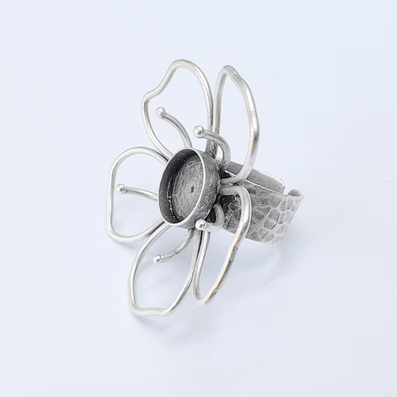 Antique Silver Adjustable Large Flower Ring Base, 14mm Round Bezel, Statement Floral Setting, G38038