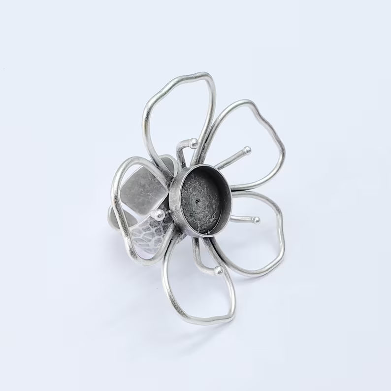 Antique Silver Adjustable Large Flower Ring Base, 14mm Round Bezel, Statement Floral Setting, G38038