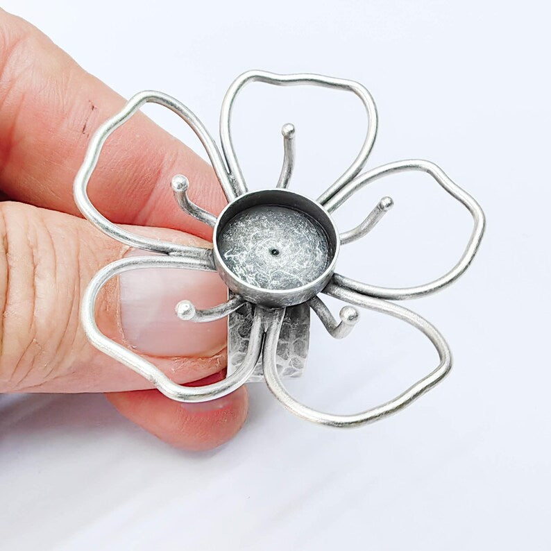 Antique Silver Adjustable Large Flower Ring Base, 14mm Round Bezel, Statement Floral Setting, G38038