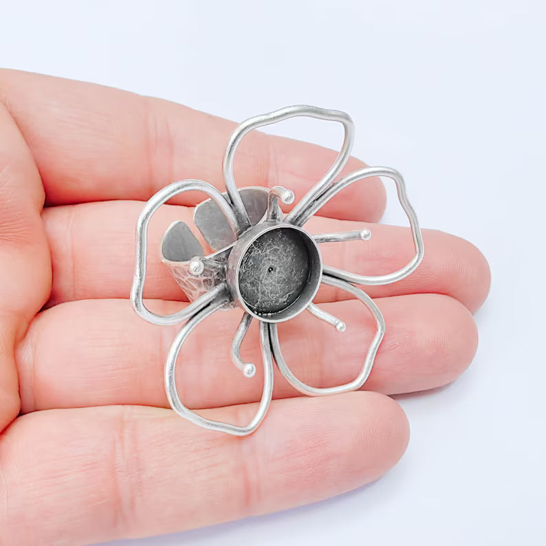 Antique Silver Adjustable Large Flower Ring Base, 14mm Round Bezel, Statement Floral Setting, G38038
