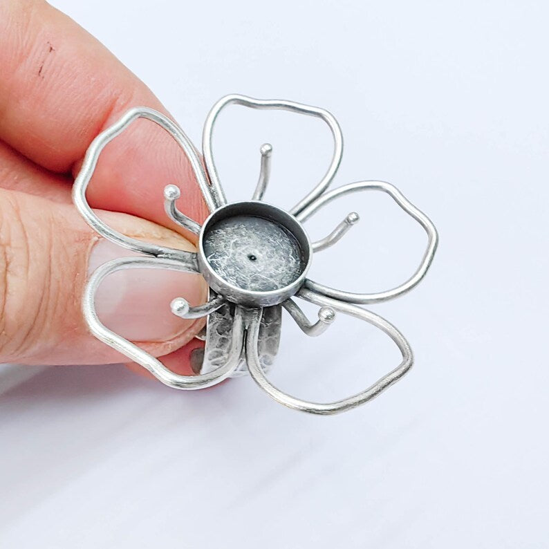 Antique Silver Adjustable Large Flower Ring Base, 14mm Round Bezel, Statement Floral Setting, G38038