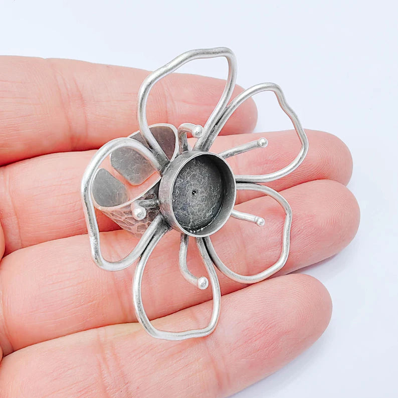 Antique Silver Adjustable Large Flower Ring Base, 14mm Round Bezel, Statement Floral Setting, G38038
