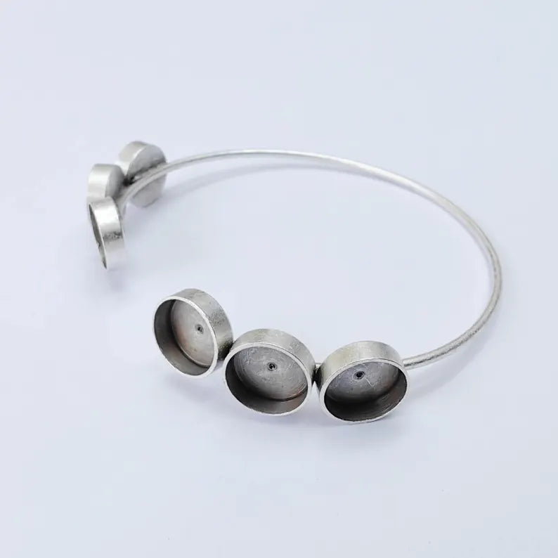 Multi Bezel Cuff Bracelet Blank, Adjustable Brass Bracelet Base, 10mm Round Settings, Antique Silver, G38042