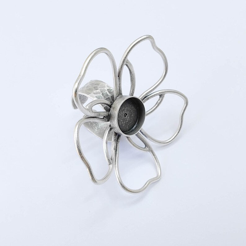 Antique Silver Adjustable Large Flower Ring Base, 12mm Round Bezel, Statement Floral Setting, G38047