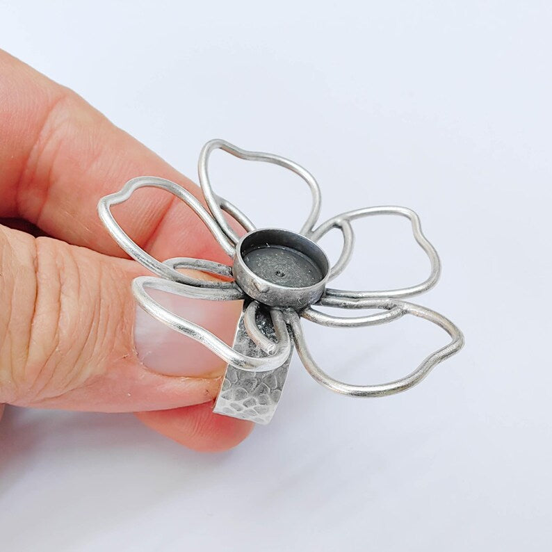 Antique Silver Adjustable Large Flower Ring Base, 12mm Round Bezel, Statement Floral Setting, G38047