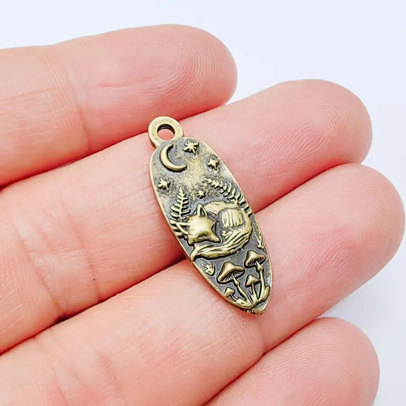 Sleeping Fox Charm Pendant, Double Sided Woodland Animal Design, 30x12mm, Antique Bronze Plated G38048