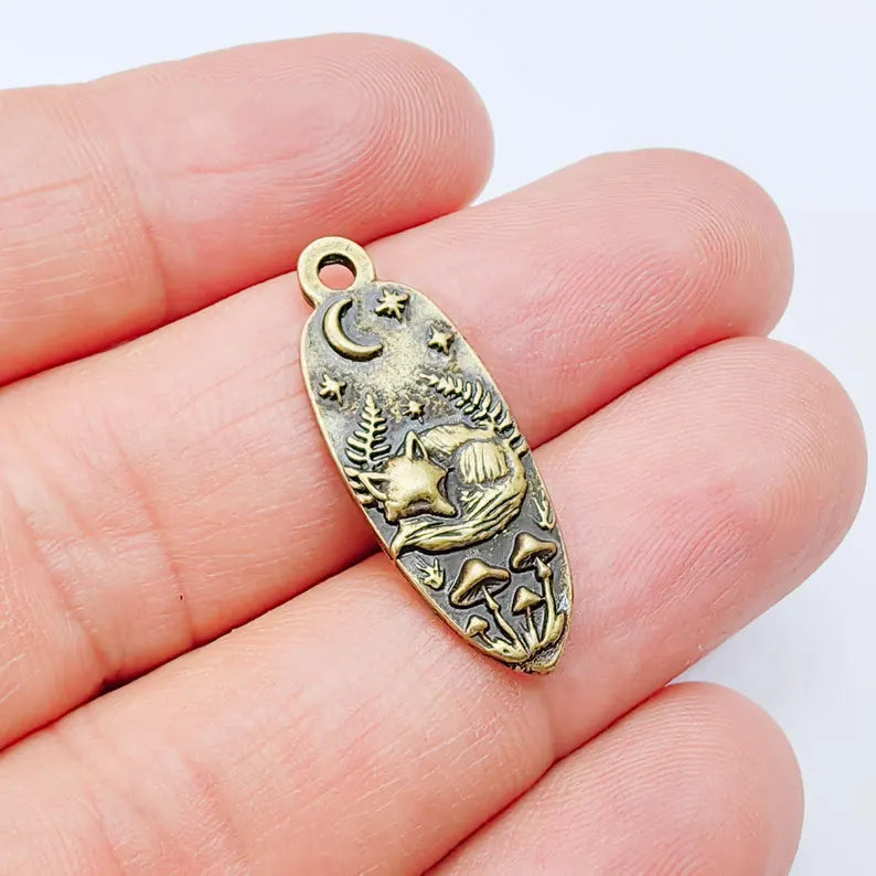 Sleeping Fox Charm Pendant, Double Sided Woodland Animal Design, 30x12mm, Antique Bronze Plated G38048