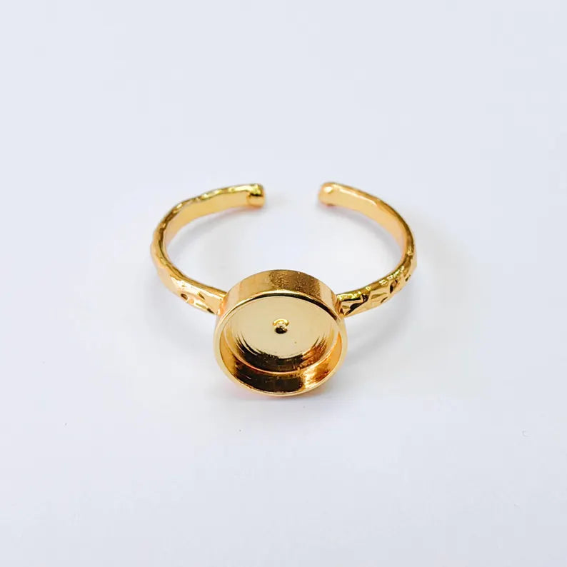 Adjustable Ring Base, Round Bezel 6mm, Textured 24K Shiny Gold Ring, G38065