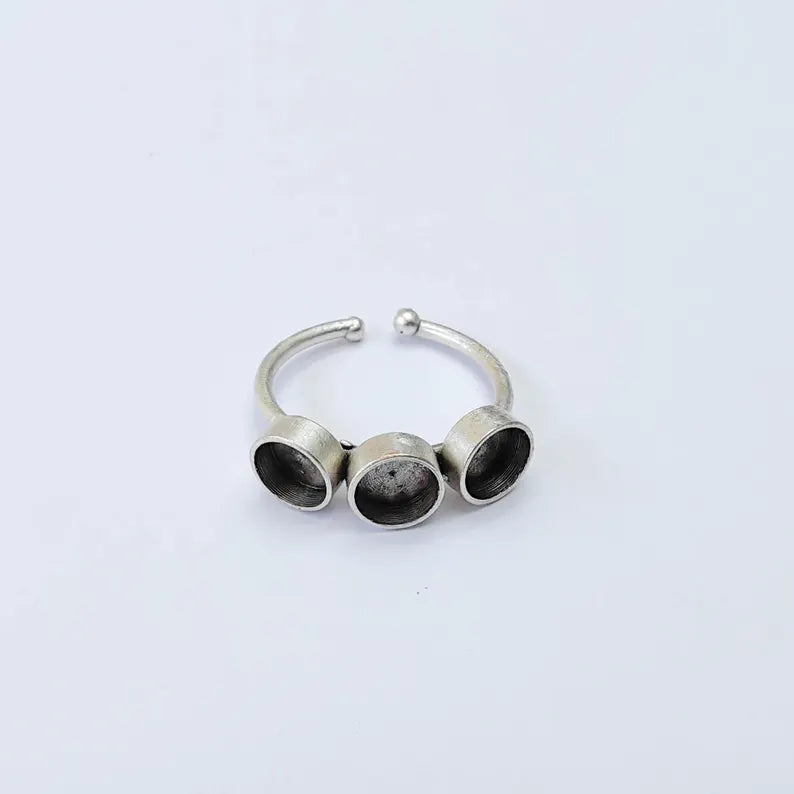 Triple Bezel Adjustable Ring Blank 6mm Cabochon Setting, Antique Silver Plated Brass Base, G38050