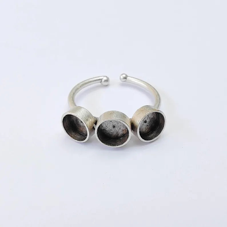 Triple Bezel Adjustable Ring Blank 6mm Cabochon Setting, Antique Silver Plated Brass Base, G38050