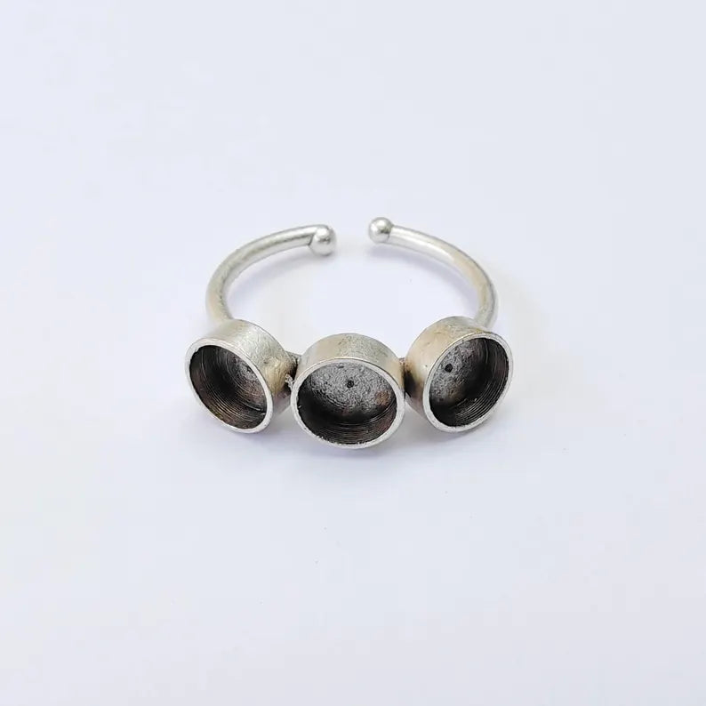 Triple Bezel Adjustable Ring Blank 6mm Cabochon Setting, Antique Silver Plated Brass Base, G38050