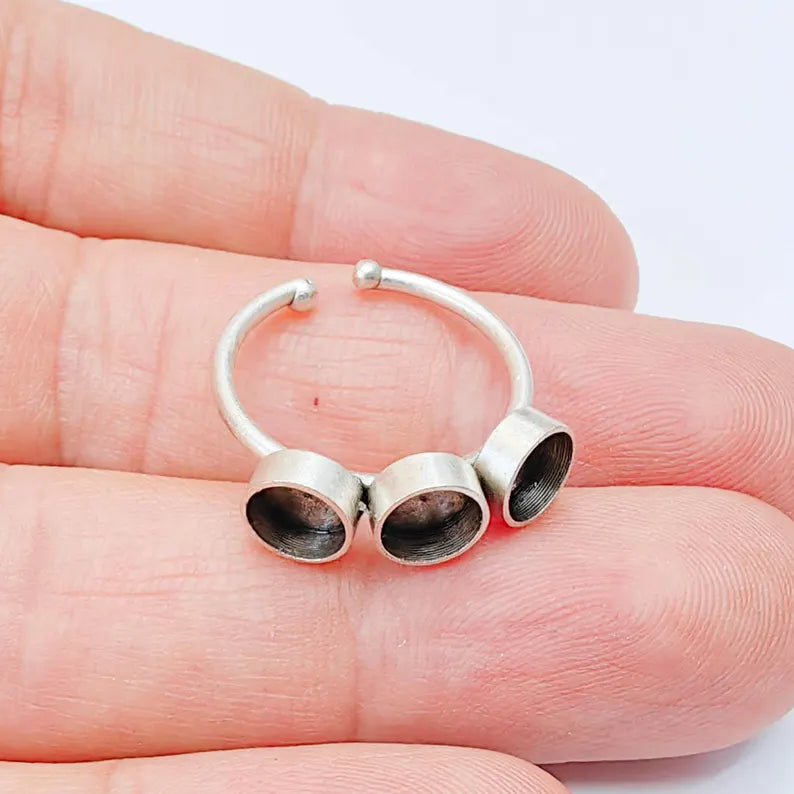 Triple Bezel Adjustable Ring Blank 6mm Cabochon Setting, Antique Silver Plated Brass Base, G38050