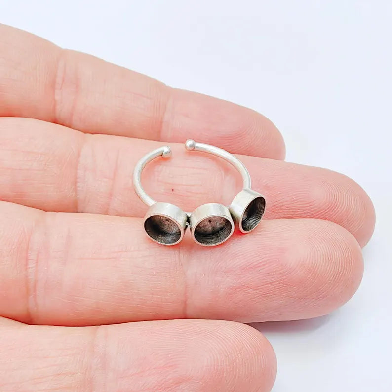 Triple Bezel Adjustable Ring Blank 6mm Cabochon Setting, Antique Silver Plated Brass Base, G38050