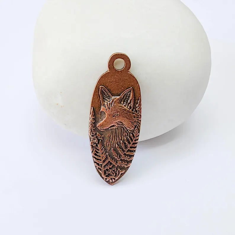 Fox Charm Pendant, Double Sided Woodland Animal Design Wolf, Antique Copper Plated, 30x12mm, G38051