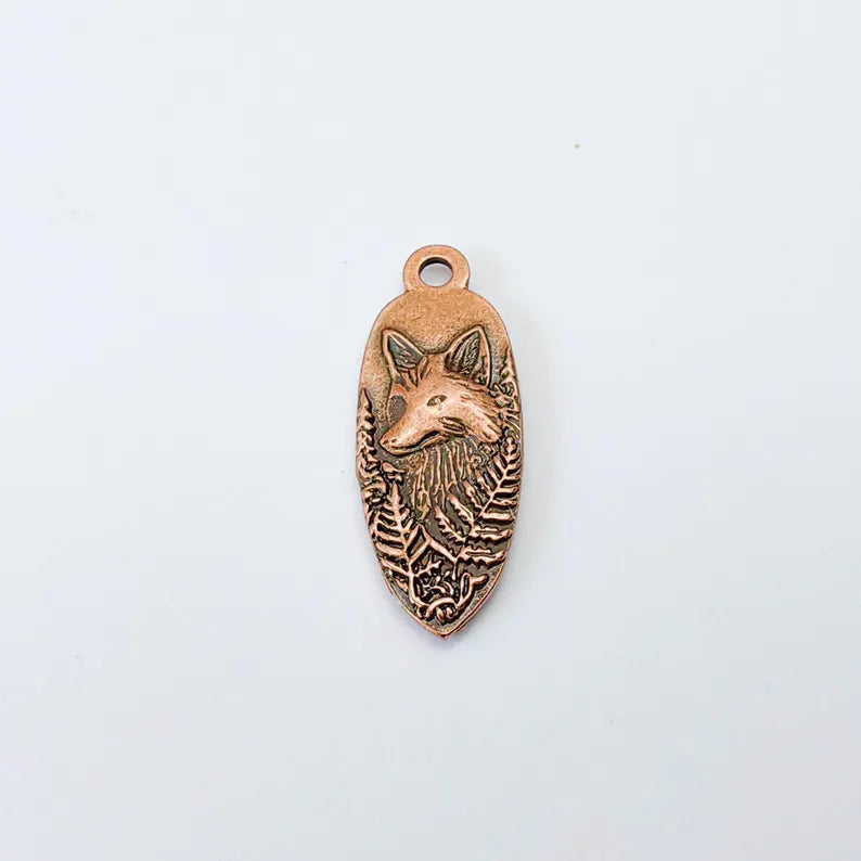 Fox Charm Pendant, Double Sided Woodland Animal Design Wolf, Antique Copper Plated, 30x12mm, G38051