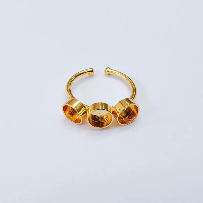 Triple Bezel Ring Base, Round Setting 6mm, Adjustable 24K Shiny Gold Ring, G38055