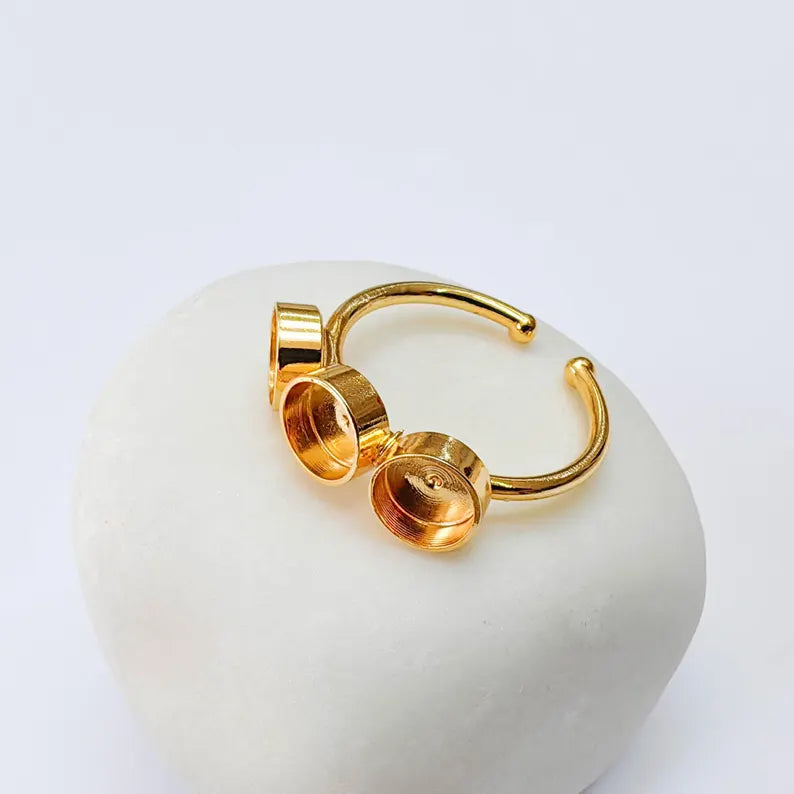 Triple Bezel Ring Base, Round Setting 6mm, Adjustable 24K Shiny Gold Ring, G38055