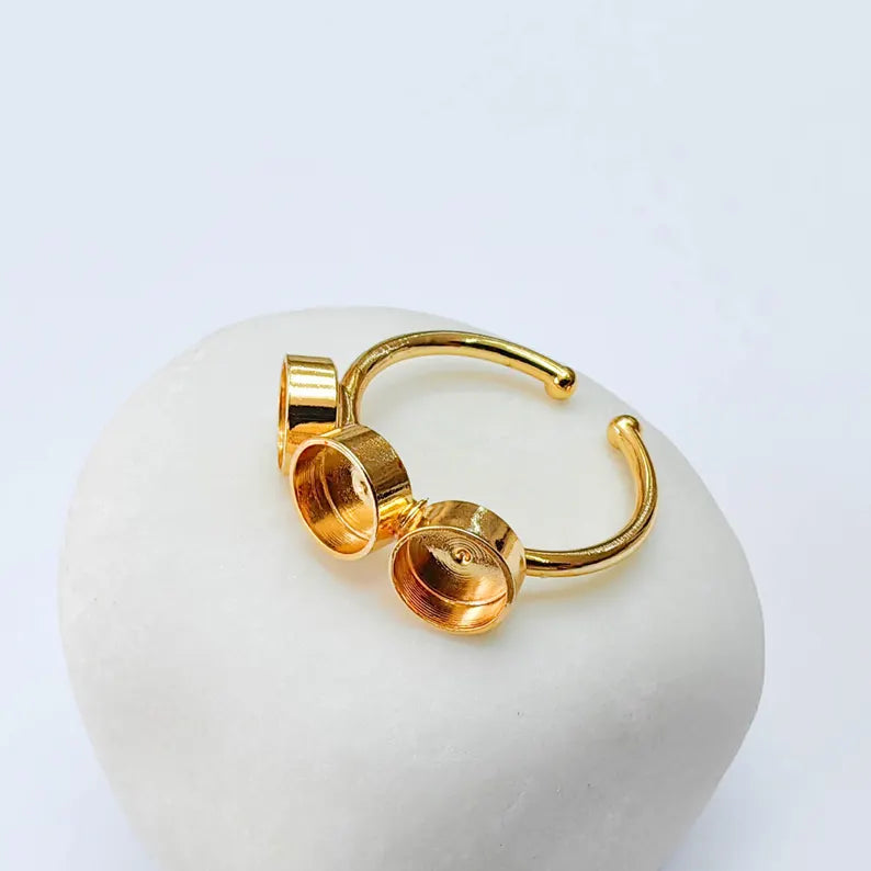 Triple Bezel Ring Base, Round Setting 6mm, Adjustable 24K Shiny Gold Ring, G38055