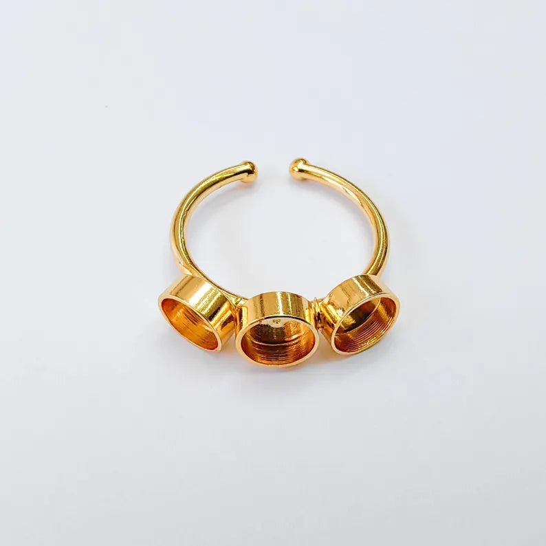 Triple Bezel Ring Base, Round Setting 6mm, Adjustable 24K Shiny Gold Ring, G38055