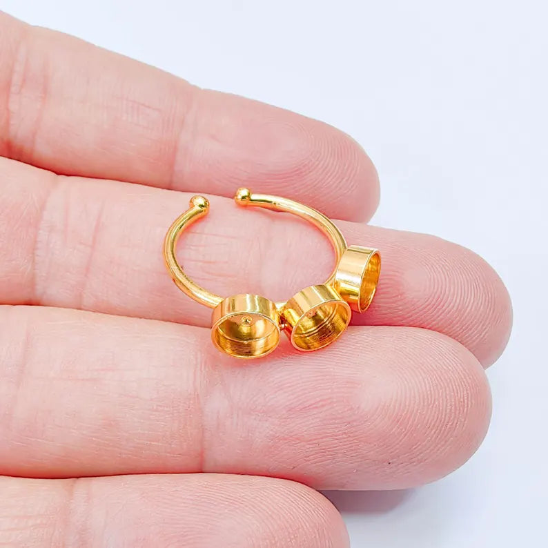 Triple Bezel Ring Base, Round Setting 6mm, Adjustable 24K Shiny Gold Ring, G38055