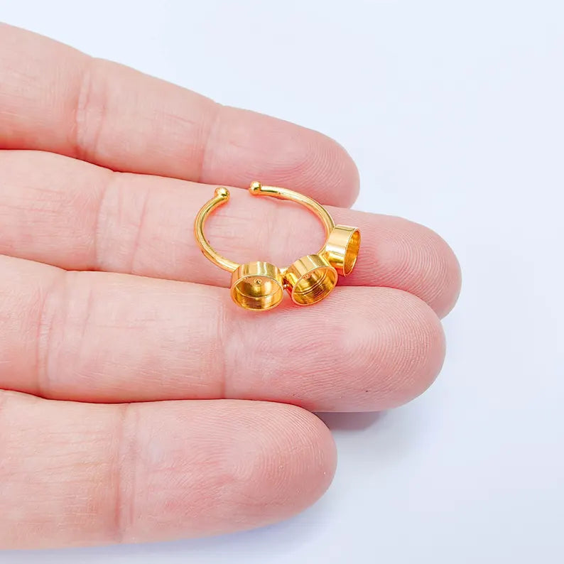 Triple Bezel Ring Base, Round Setting 6mm, Adjustable 24K Shiny Gold Ring, G38055