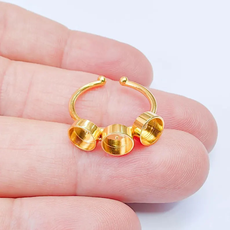 Triple Bezel Ring Base, Round Setting 6mm, Adjustable 24K Shiny Gold Ring, G38055