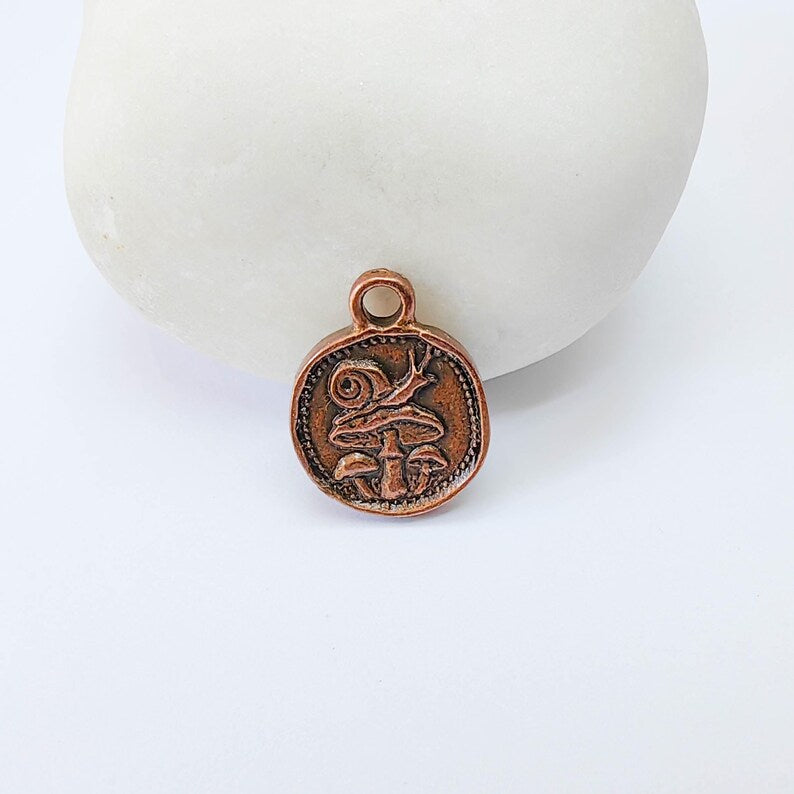 Mushroom and Snail Round Charm Pendant, Double Sided Nature, Antique Copper Plated, 16x13mm, G38058