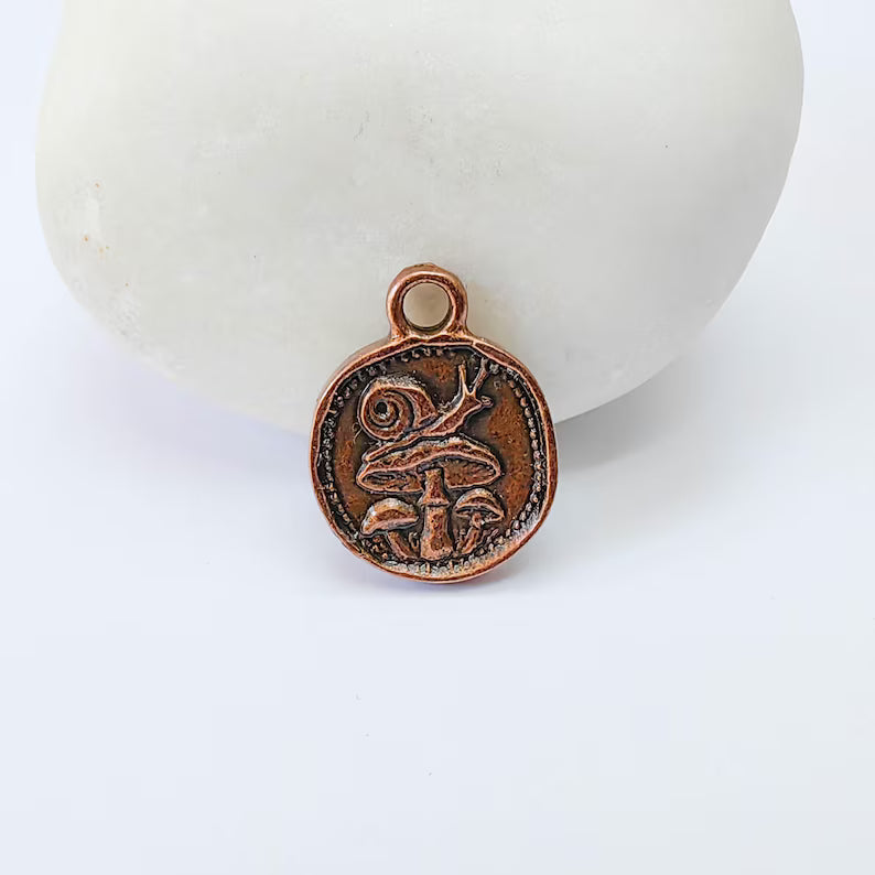 Mushroom and Snail Round Charm Pendant, Double Sided Nature, Antique Copper Plated, 16x13mm, G38058