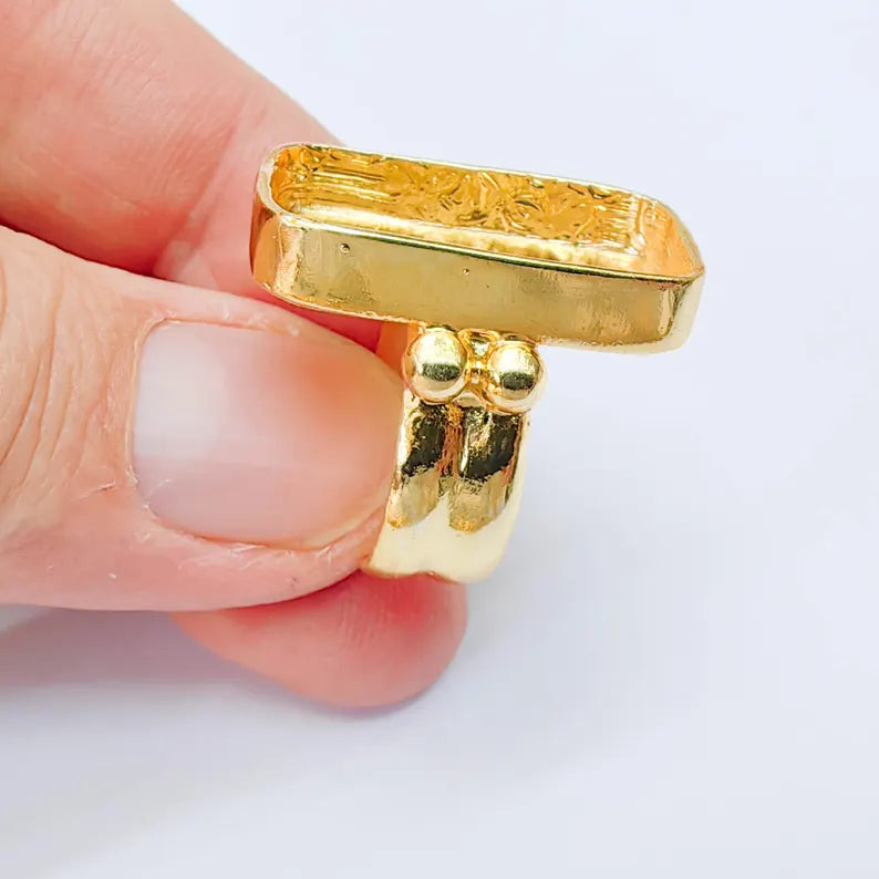 Rectangle Bezel Ring, Adjustable 24K Shiny Gold Ring Setting 25x15mm, G38059