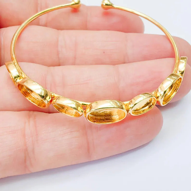 Multi Bezel Cuff Bracelet Base, Adjustable Oval Blank, 11x8mm, 8x6mm Settings, 24K Gold , G38060