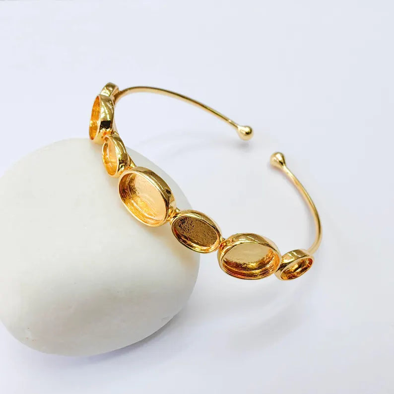 Multi Bezel Cuff Bracelet Base, Adjustable Oval Blank, 11x8mm, 8x6mm Settings, 24K Gold , G38060
