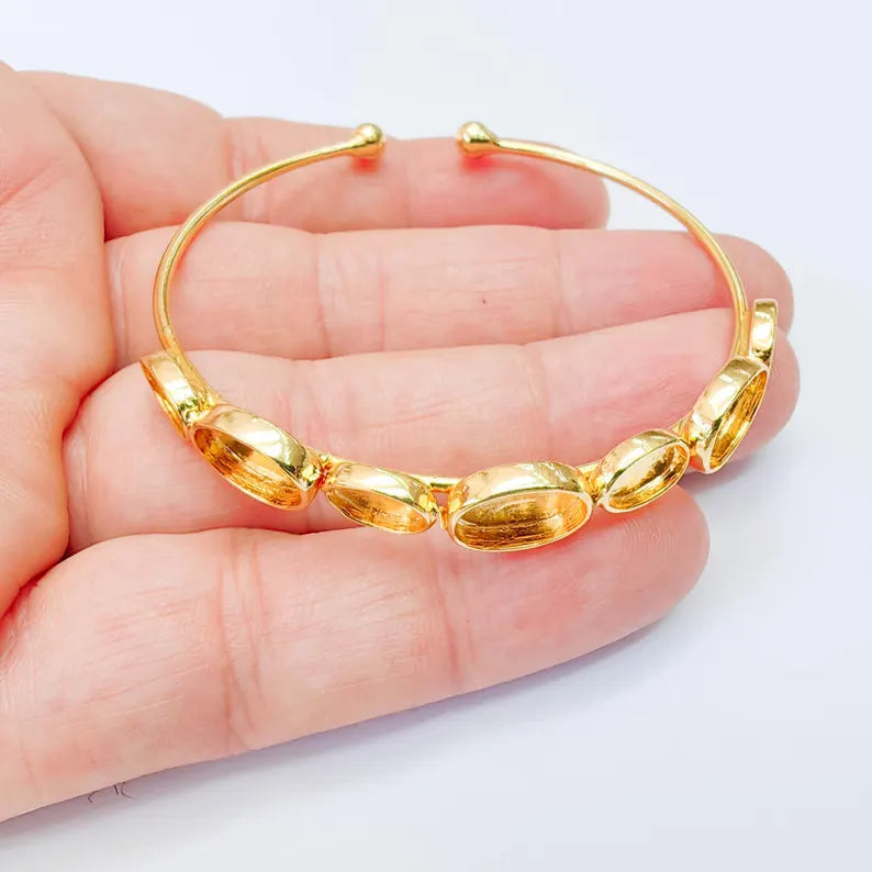 Multi Bezel Cuff Bracelet Base, Adjustable Oval Blank, 11x8mm, 8x6mm Settings, 24K Gold , G38060