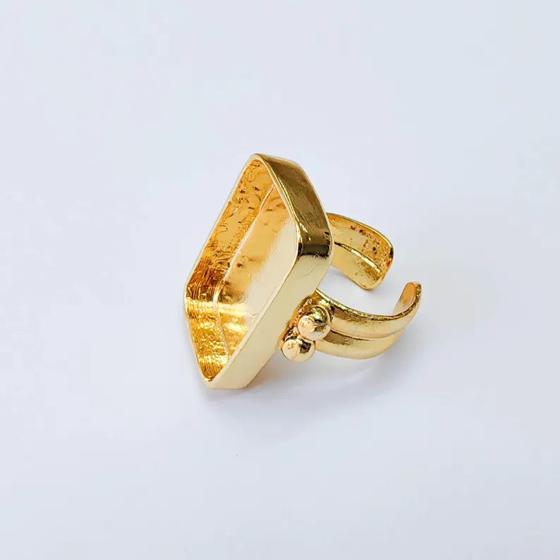 Rectangle Bezel Ring, Adjustable 24K Shiny Gold Ring Setting 25x15mm, G38059